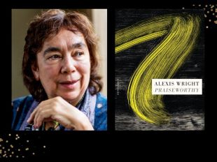 Two panels. On the left is of a woman with short brown hair and a blue top looking to the side. On the right is a book cover with a swirl of yellow against a black background.