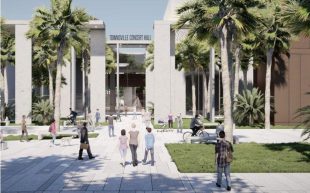 Architectural render of Townsville Concert Hall. A view from outdoor of a concert hall building in sunny Townsville. Arts funding now gone.