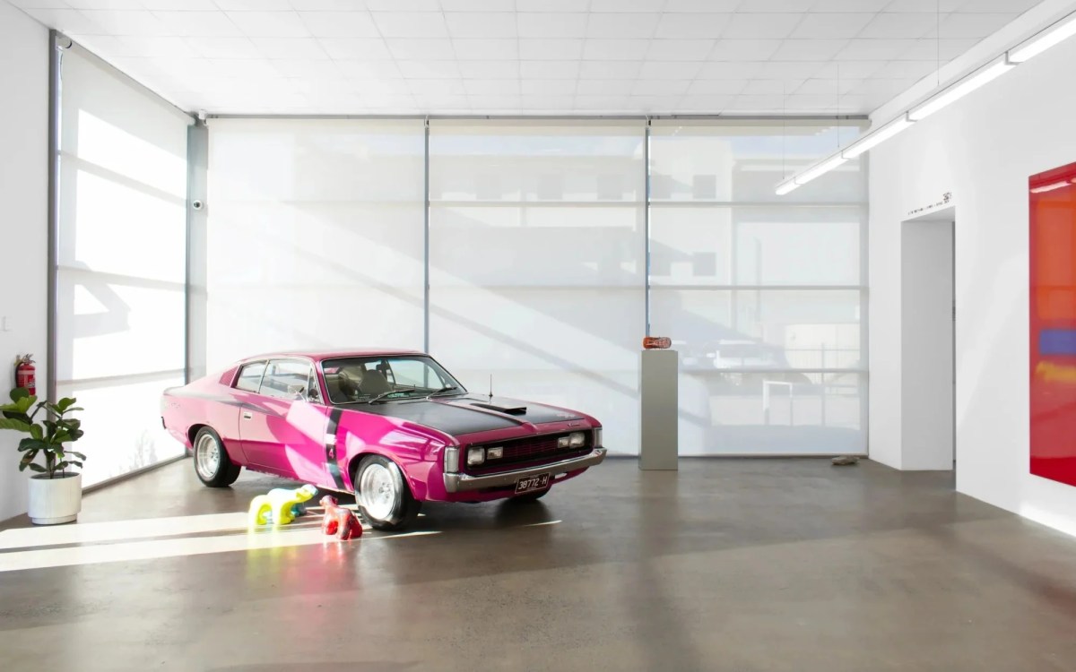 Scott Redford, 'Auto Rothkos', installation view at NAP Contemporary in Mildura, one of the new regional galleries. A minimalistic space with a hot pink care to the left hand side.