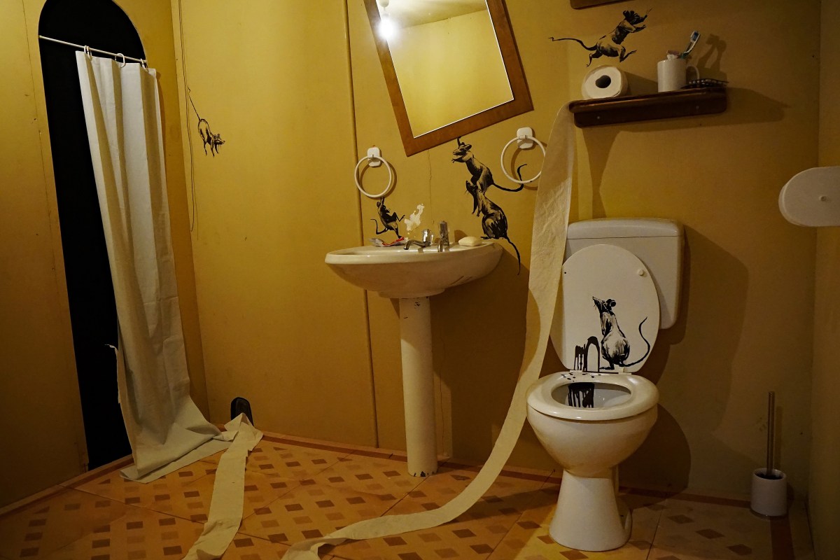 Banksy installation of a bathroom with images of rats running riot, produced during COVID