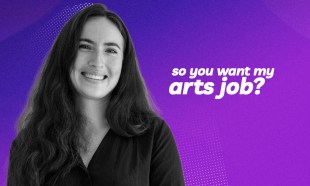 Black and white photo of smiling woman with long dark hair on purple background. So you want my arts job.