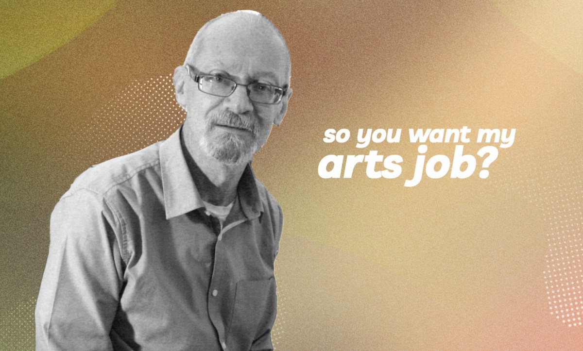 Wildlife Illustrator Peter Schouten. A black and white photo of an elderly man wearing slim glasses and a shirt on a digital gold background with the text 'so you want my arts job?'