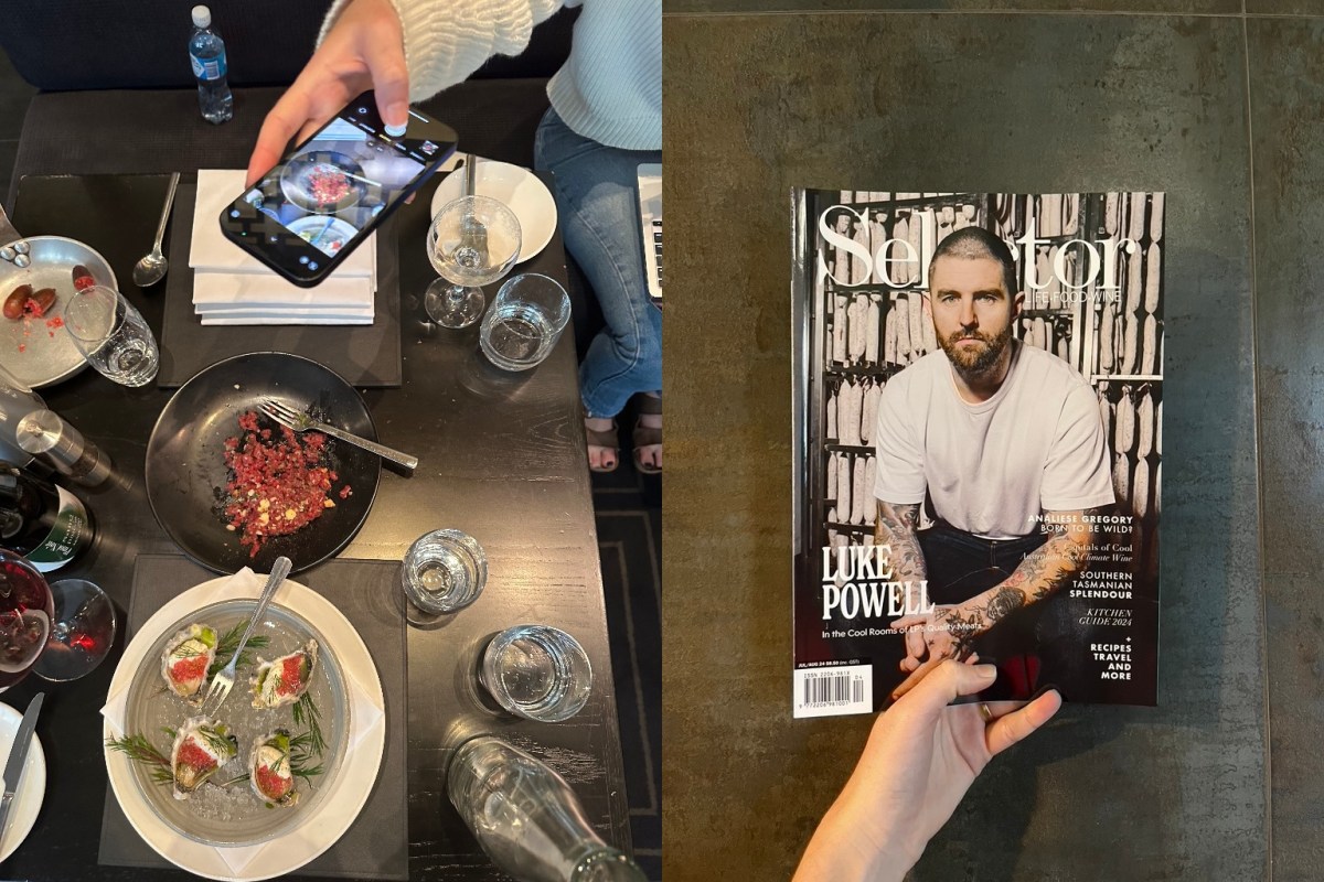 Photoshoot with food and phone camera and cover of magazine with chef. Arts job.