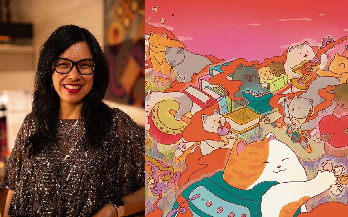 L: OzAsia Festival 2024 Artistic Director Joon-Yee Kwok. A portrait photo of a middle-age Chinese Australian woman with chest-length black hair wearing black rimmed glasses and a spotty top. R: OzAsia Festival 2024 cover art by Jessie Hui. An illusrtation featuring cratoon cats and dumplings.