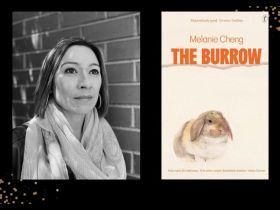 Two panels. On the left is a black and white photo of a woman with shoulder length hair and a pale scarf looking into the distance. On the right is the cover of a book with "The Burrow" in red font on the top and a small rabbit on the bottom.