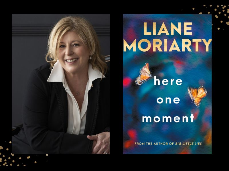 Here One Moment. Left panel is author shot of middle aged blonde Caucasian woman, wearing open necked white blouse under a dark jacket and smiling at the camera. Right panel is a book cover of a blurry blue background with red spots and some butterflies. here one moment.