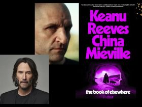 Photo of a bald man looking sideways and below him in another photo, a man with long brown hair and a three-day growth. On the right side is a book cover in pink and black. With the words 'Keanu Reeves and China Mieville' in large pink font. There is a small illustration of a hooded man and a pig-like creature.