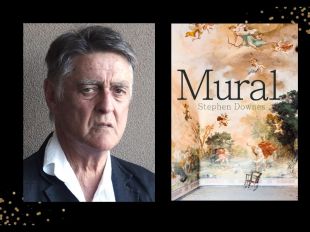 Two panels. On the left is a photo of author Stephen Downes, a man with salt and pepper hair, a white shirt, and dark jumper. On the right is the cover of this book, with 'Murals' in black font against a background of cherubs painted on the walls and ceilings.