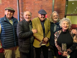 The opening night of Hibberd's final play, 'Killing Time' at the Carlton Courthouse. L-R: John Timlin, Jim Daly, Jack Hibberd, Don Bridges, Evelyn Krape. Photo: Courtesy of Don Bridges.