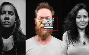 The 2024 Bankstown Biennale curatorium. (Left) Coby Edgar (A b&w photo in high contrast of a person with a serious expression, with long dark hair).(Centre) Still from ‘Brute Force >> Merge Sort’, Jason Wing, 2019. (A photo of a person with short brown hair and a long beard, with what appears to be two emblems painted on his face. There is a red square hovering over his right side of the face, which has been digitally manipulated into black and white). (Right) Rachael Kiang (A b&w photo of a person smiling with long curly dark hair).