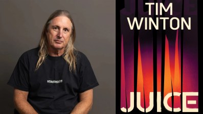 A long haired man (Tim Winton) is seated on the left and the cover for his book Juice with white text on a black and orange background on the right.