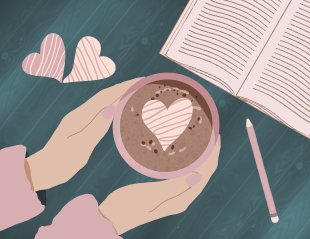 An illustration in pink and teal of a woman's hands holding a cup of coffee. An open book and a pencil lie nearby.