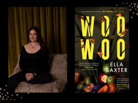 Two panels. On left is author Ella Baxter. She is seated, with long brown hair. She's all in black. On the right is the cover of her book. 'Woo Woo' is in yellow font. It's overlaying images of fruit.