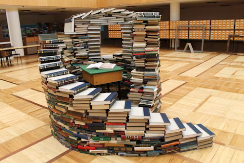 A spiral design made up of books.