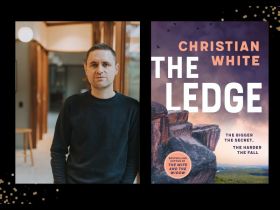 Two panels. On the left is author Christian White, a Caucasian man in a dark jumper with short cropped brown hair. On the right is the cover of his book with 'The Ledge" in block white font against a cliff face.