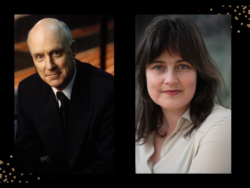 Two panel: On the left is John Clarke, an elderly man with a balding head and a black suit. On the right is his daughter, Lorin Clarke, with long brown hair and a white shirt. John Clarke Prize for Humour Writing, VPLAs