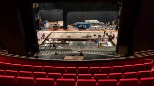 Theatre Royal Sydney has had its old wooden stage replaced by a modern, modular design. Taken from the dress circle, the photo shows the replacement of the stage in process.