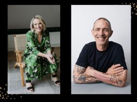 Two panels. On the left is author Sally Hepworth. She is blonde and sitting, wearing a green ensemble. On the right is author Andy Griffiths. He is wearing a black t-shirt and has his arms crossed. There are tattoos on his arms.