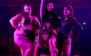 'The Rapture', featuring Cleo Rapture, Miss Peaches, Mama Medusa and Marlena Dali. Four performers standing in low purple lighting striking a pose.