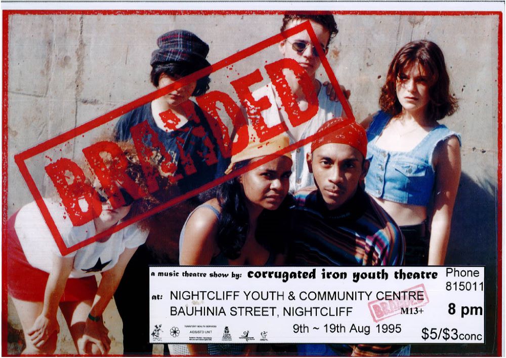 Archival poster of the 1995 Corrugated Iron Youth Arts production 'Branded', directed by Maggie Miles and featuring a young Ursula Yovich and Benhur Helwend.