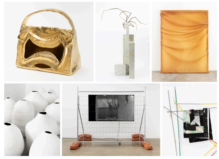 Selected works from 2024 NAS MFA graduates. Top, left to right: Benjamin Akuila, Emily Taylor, Rachel Mackay. Bottom, left to right: Chrystie Longworth, Jake Starr, Mitch Davis. A selection of six artworks including a gold handbag made out of ceramics with a gaping mouth, and metal construction barriers with painted fabric.