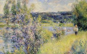 French Impressionism style painting of garden with purple flowers. Pierre Renoir.