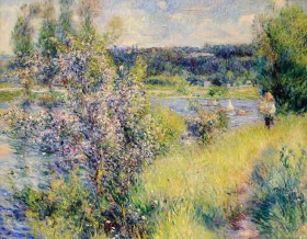 French Impressionism style painting of garden with purple flowers. Pierre Renoir.