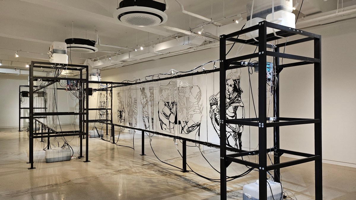 Przemysław Jasielski, ‘remember (me)’, 2024, installation view at Leelenam Studio as part of 15th Gwangju Biennale. An installation with large black frames and an intricate hydraulic system pumping black liquid into plexiglass engravings of people working. 