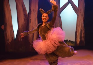 A performer wearing a kangaroo costume with a pink tutu in 'Josephine wants to dance.'