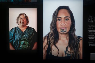 Photos of two Māori women with chin tattoos.