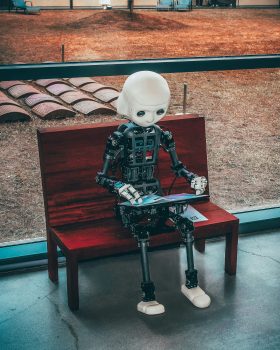 a robot sits at a bench with a computer laptop. generative AI.