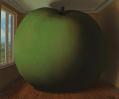 A painting by Magritte of a large green apple squashed tightly in a room.