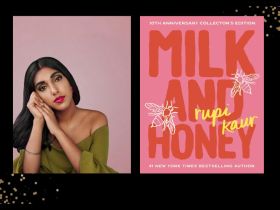 Two panels, On the left is photo of Rupi Kaur, an Indian-Canadian woman. She has long black hair and is wearing an off the shoulder green top. On the right is her book, Milk and Honey, in red and pink. There are bee illustrations on it.