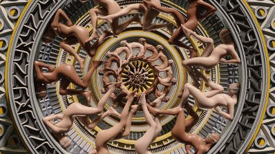 Naked human bodies are arranged in a spiral formation in 'XYXXY.'