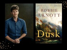 Two panels. On the left is a portrait of a young man with brown wavy hair and a blue shirt, Robbie Arnott. On the left is the cover of his book, 'Dusk", There's a picture of a landscape.