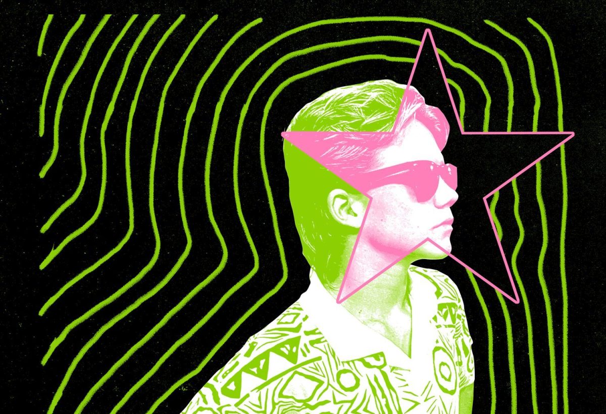 The hero image for Corrugated Iron Youth Arts' 40th anniversary program, Futures Collide: a photograph of a teenaged boy in sunglasses and 1980s fashion, overlayed with fluorescent pink and green.