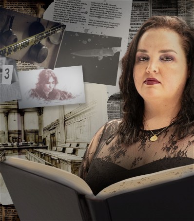 A dark-haired woman is holding up a book with a black cover. Behind her are black and white images of crime scenes and information.