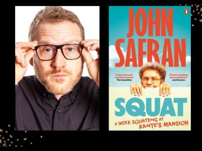 Two panels. On the left is a photo of John Safran, a man with fair hair and a beard. He's holding up glasses to his face. On the right is the cover of this book, 'Squat' that features him peering over a wall.