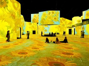 a large immersive gallery covered in images from Van Gogh's Sunflowers series. THE LUME