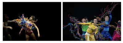 'Wayfinder' dance performance. Two panels. On the left is a female dancer. On the right are 3 male dancers. Each dancer is covered by multicoloured ropes.