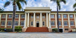 Exterior view of colonial building with palm trees. QUT Art Museum