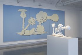 Installation view of 'Tony Clark: Unsculpted', Buxton Contemporary, the University of Melbourne, 2024. Featuring Tony Clark and Joanne Ritson’s 'Jasperware Arrangement', 2024 and 'Jasperware (Landscape)', 1993. A painting of a white abstract sculptural form on blue background, with a small white sculpture replicating the painting in front.