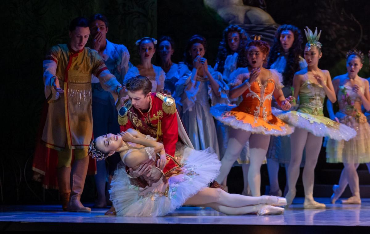 Jesse Homes (as the Prince) is holding onto Chihiro Nomura (Princess Aurora) as she lays almost horizontal to the ground. A ballet ensemble surrounds them. The Sleeping Beauty.