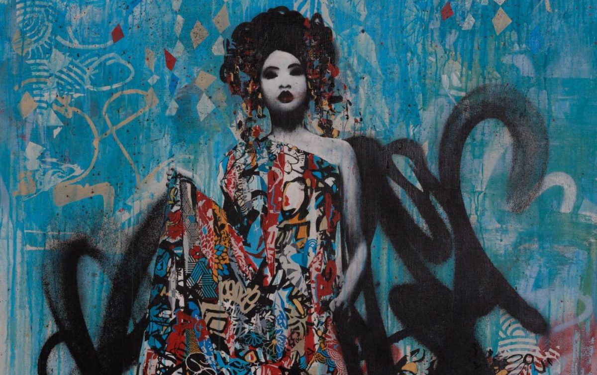 Australia’s largest street art collection will be on view. Hush Seductress, 2012 (detail). A graffiti work featuring a female figure at the centre wearing a dress made out of different graffiti tags.