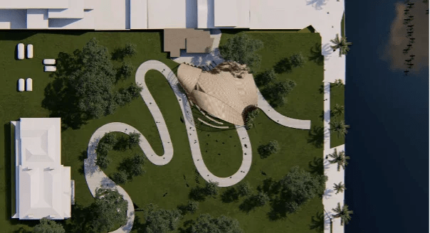 Indicative render of outdoor performance space and accessible path. A rectangular space with greenery and architectural features from a bird’s eye view.