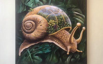 A painting of a snail by Mike Makatron with a shell that depicts a garden.