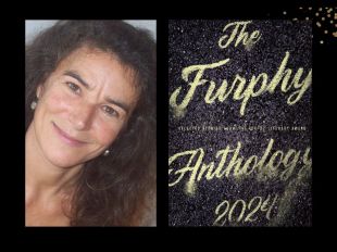 Two panels. On the left is Kathryn Lomer, who has long wavy brown hair. On the right is the cover of 'The Furphy Anthology', written in yellow chalk copperplate.