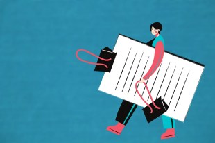 An illustration of a person carrying a large stack of papers held together with a bulldog clip against a teal background.