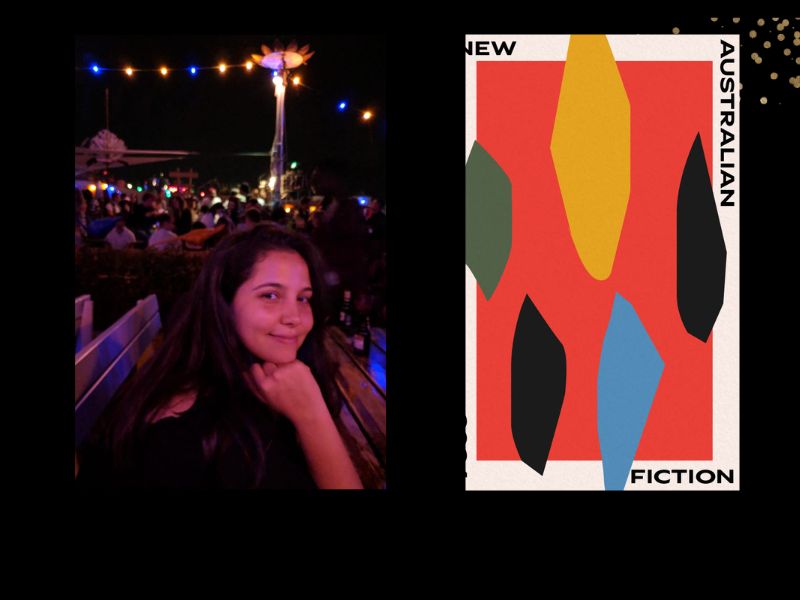 Two panels. On the left is editor Suzy Garcia. She has long brown hair and is smiling, holding her hand to her chin. There are lights behind her. On the right is the cover of the book, 'New Australian Fiction 2024.' It has an orange cover will bits of yellow, green and black shapes.