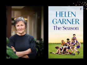 Two panels. The left is of author Helen Garner, an elderly woman with short grey hair wearing a black top with her arm crossed. On the right is the cover of her book 'The Season.' It features a group of young boys on a footy field tackling each other.